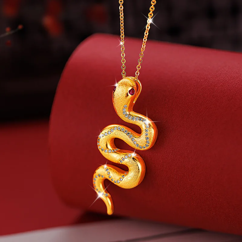 9999 24K real gold dot diamond brushed spirit snake pendant zodiac year micro inlaid snake women's necklace