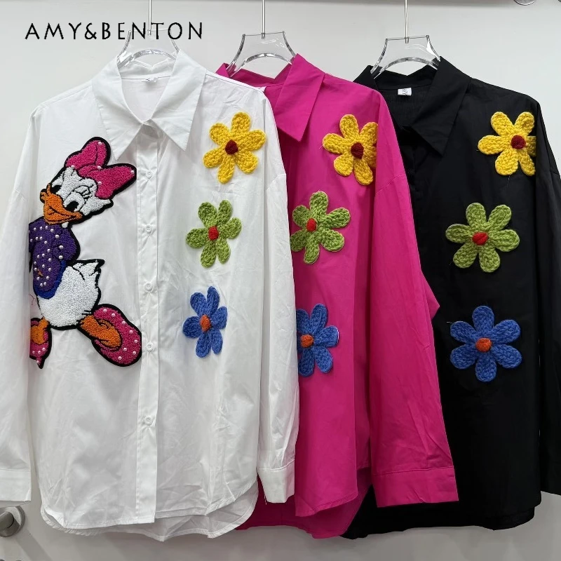 

2025 Summer Loose Fashion Color Block Youthful Top Blouse Sweet Cute Style Cartoon Patch Embroidery Short Sleeved Shirt Female