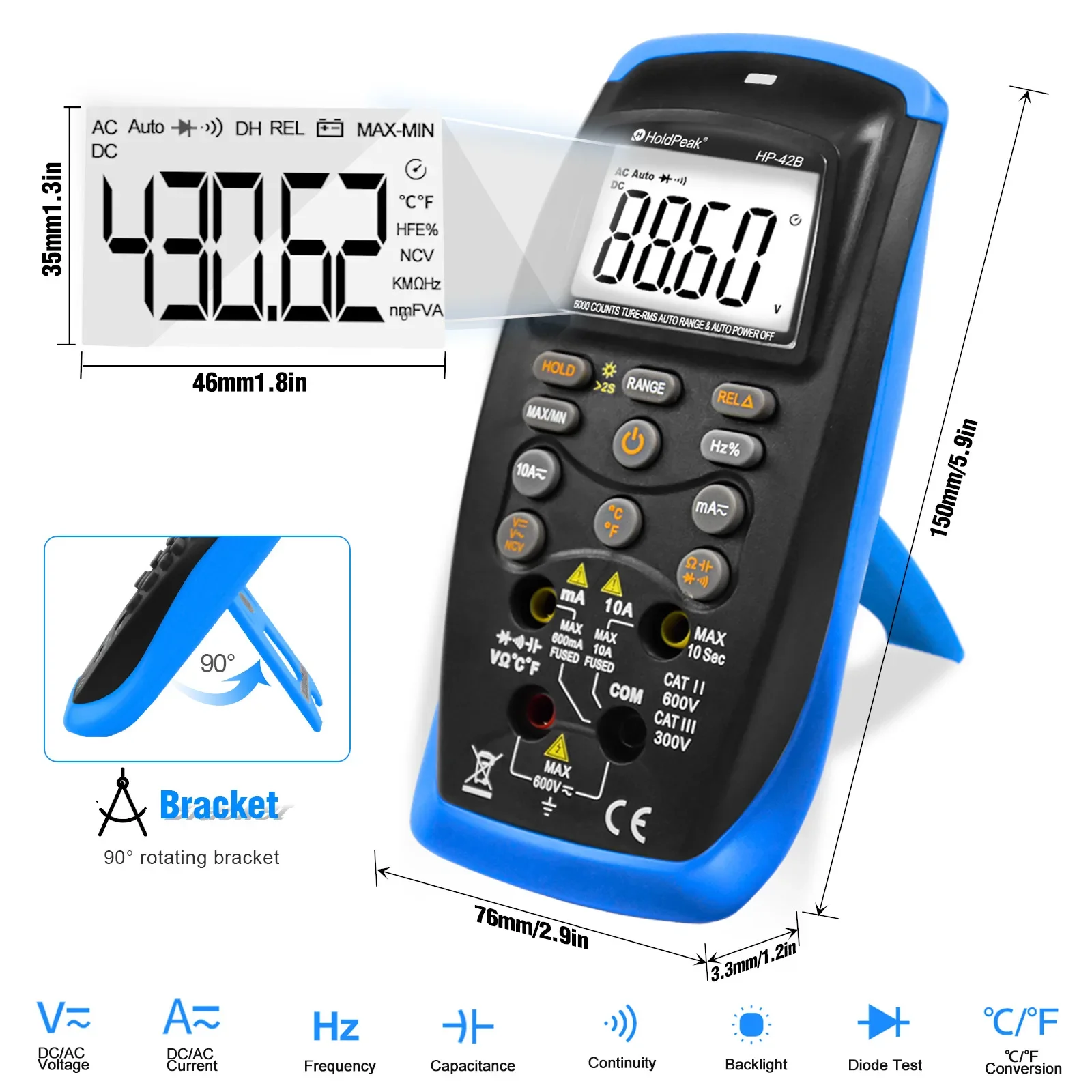 

HoldPeak Digital All Key Tester Multifunctional Voltage Current Capacitor HP-42B Multimeter Ohm 6000 Counts