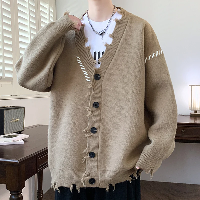 2025 Spring and Autumn New Khaki Black Knitted Cardigan Jacket V-neck Patchwork Casual Loose Dark Gray White Navy Blue Cardigan