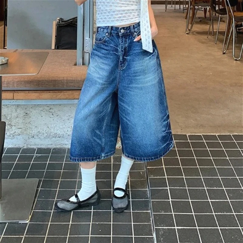 

Wide Leg Pants Jeans Women Vintage Denims Knee Length Mom Mid Waist Washed Distressed Pockets Shorts Streetwear Summer 2025