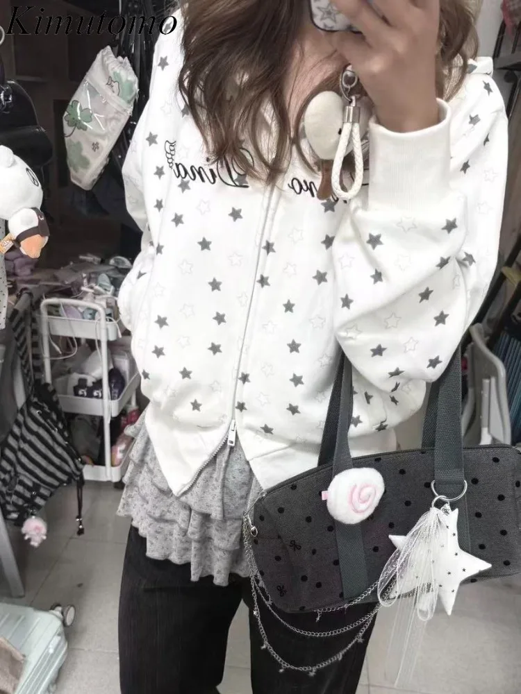 

Kimutomo толстовки женские винтажные звезды с принтом на молнии осень-зима модная верхняя одежда Y2k эстетические укороченные куртки в стиле Харадзюку