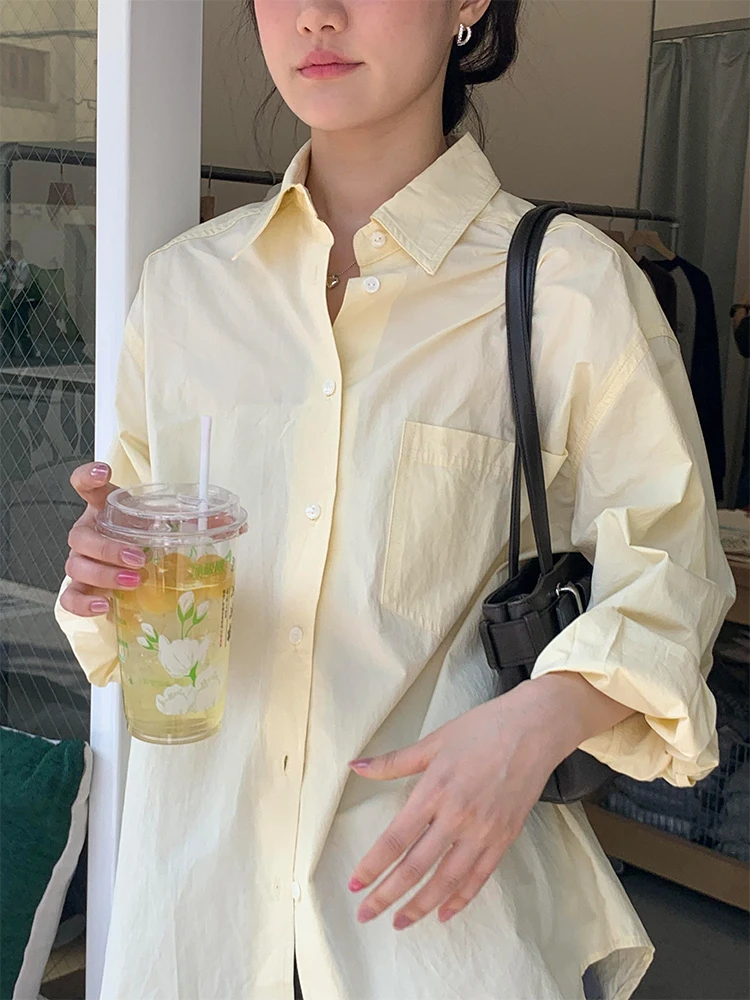 

Korean Sle Loose Long Sve irt Women's Summer New Yellow Casual Versatile Slimming College Sle Top Trendy
