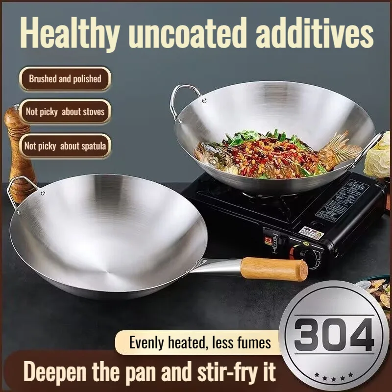 

Kitchen Thickened Stainless Steel Wok -Non-stick Stir-fry Pan,Only for Gas Stoves,Practical for Home Daily Stir-frying &