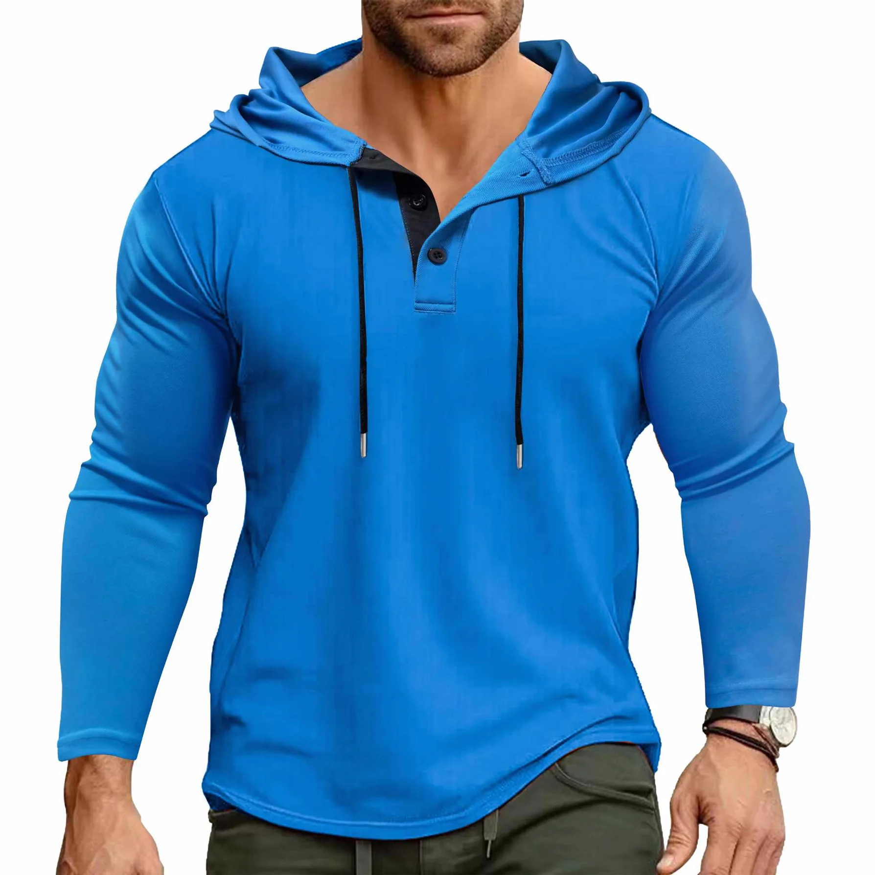 2026 Autumn Men's Slim Fit Hooded Henley Shirt Long Sleeve Casual Sportswear Drawstring Splice Unisex  Color Knitwear Black