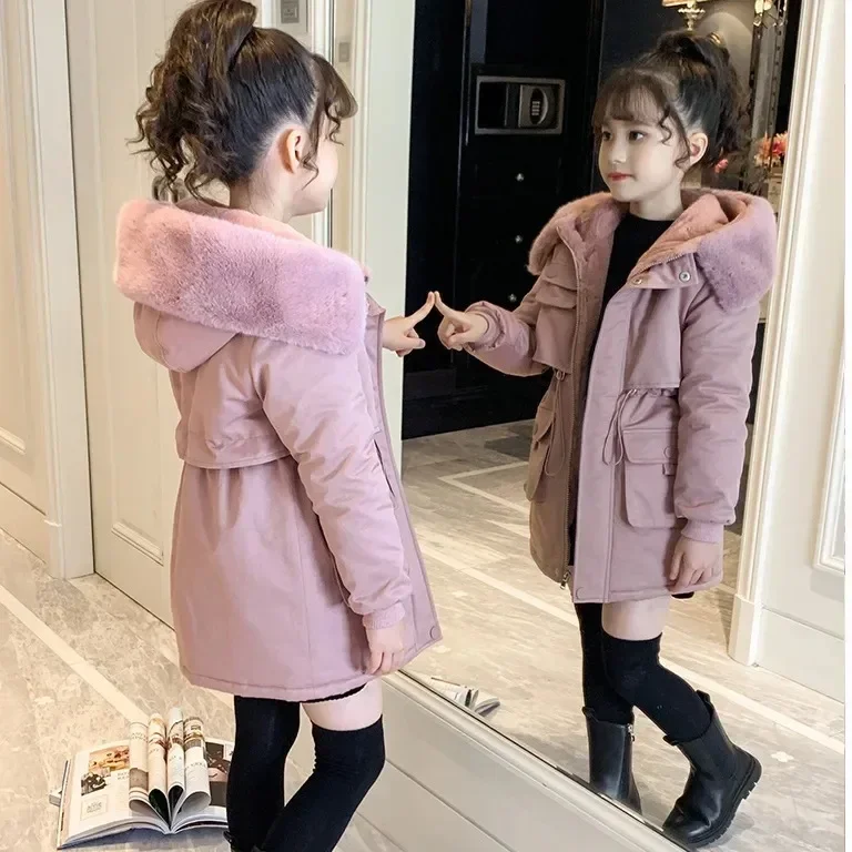 Girls Cotton Jacket Winter 2024 New Childrens Fashion Plush Thickened Style Overcomes Girls Cotton Jacket