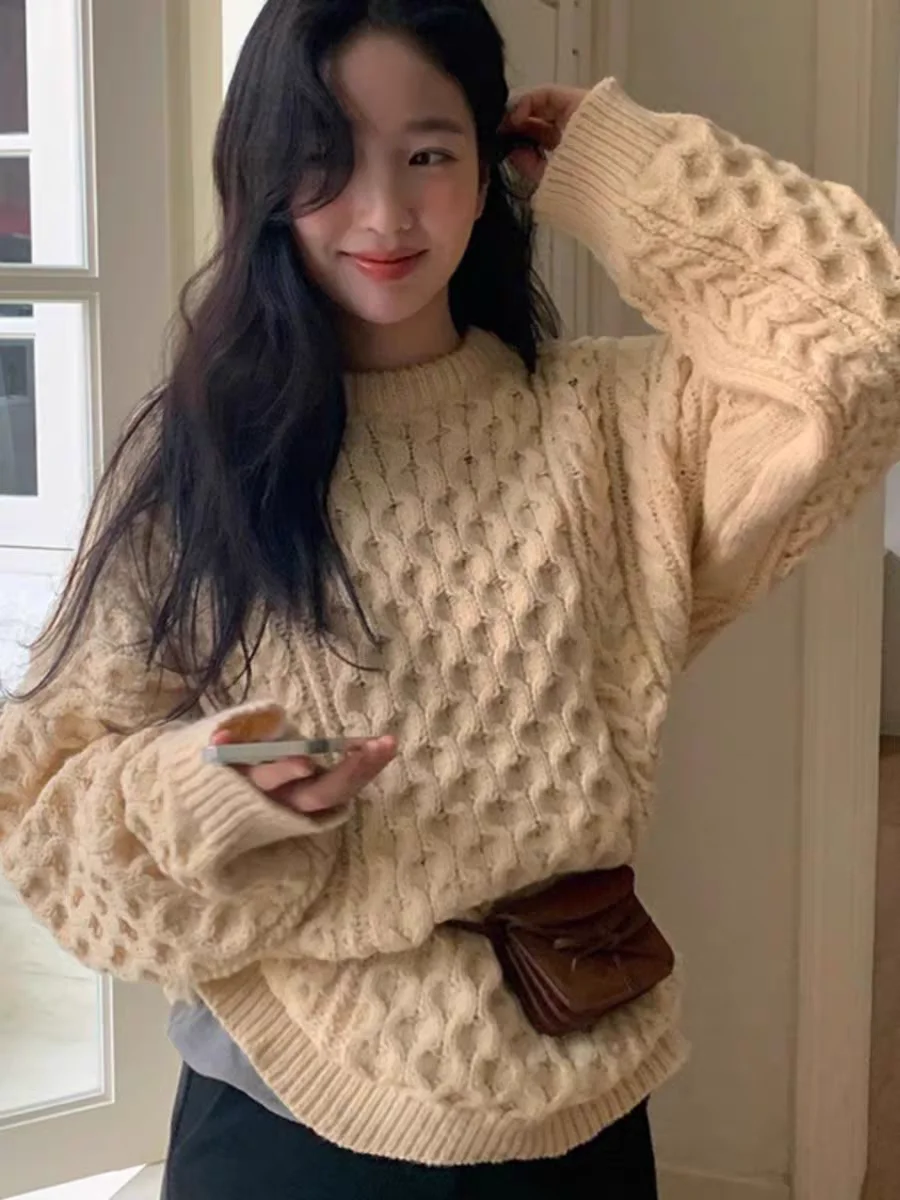 

Женский свободный круглый свитер средней длины Thiened с витыми волосами, тяжелое теплое хлопковое пальто на осень и зиму