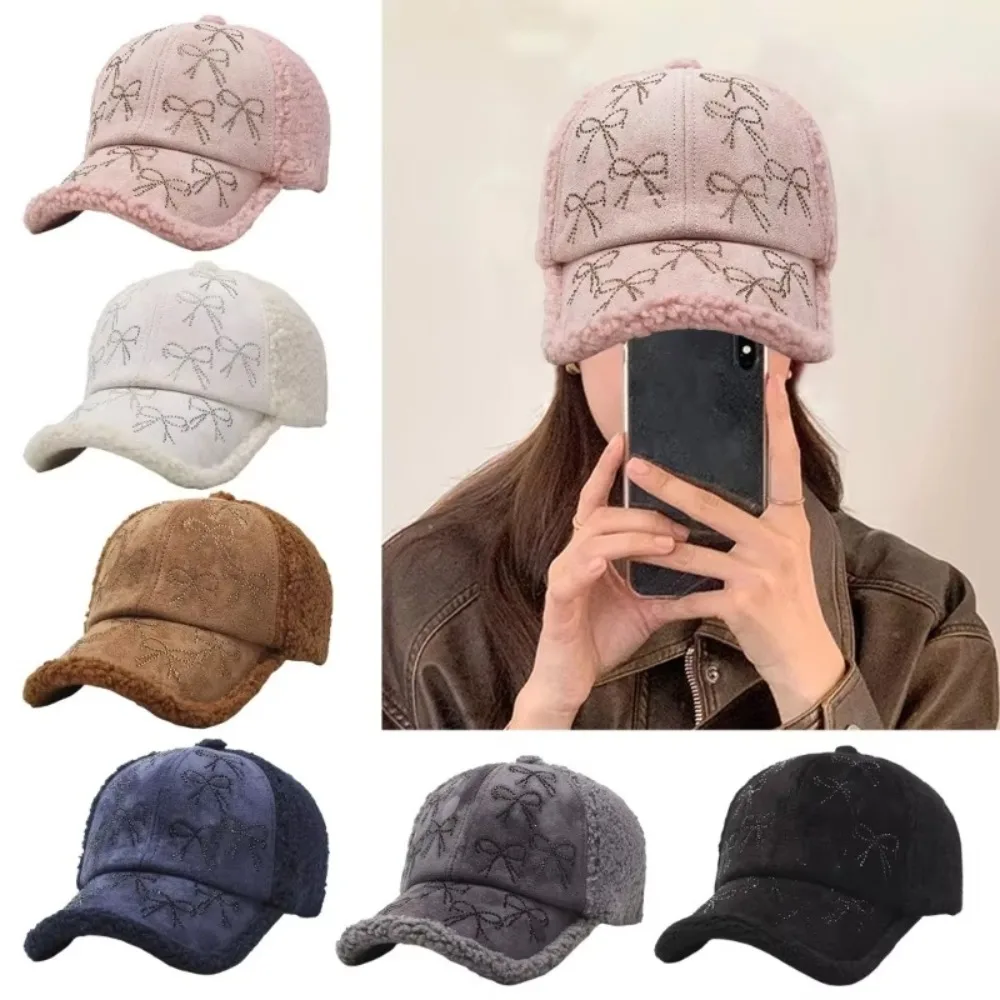 Fashion Adjustable Women's Hats Lamb Wool Warm Baseball Caps with Hot Pressed Diamond Bow Pattern Snapback Cap for Women