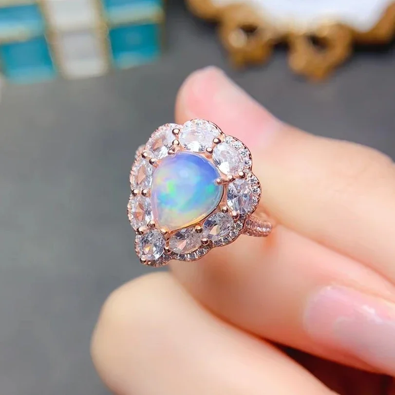 White Opal Ring with 3 Layers 18K Gold Plating 8mm*10mm 2ct Natural Opal 925 Silver Ring Solid 925 Silver Gemstone Jewelry