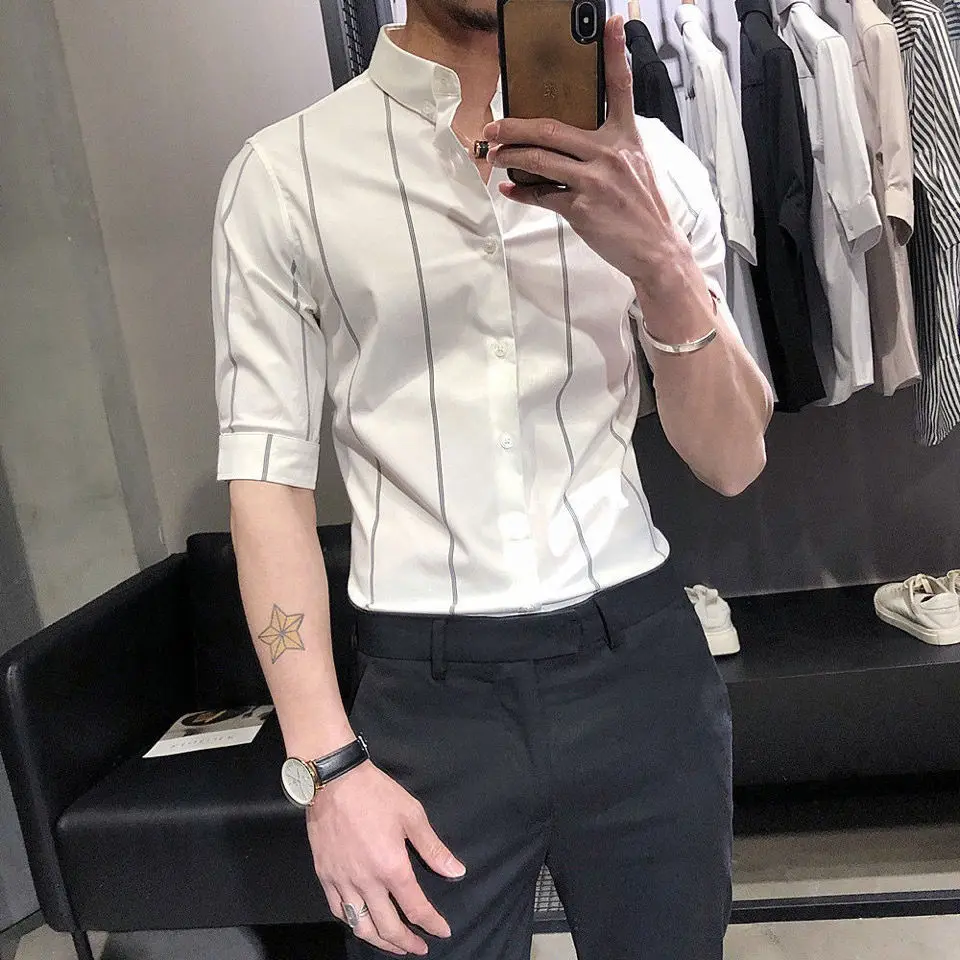 Summer men's short sleeve shirt Korean fashion stripe five sleeve shirt English style slim stylist sleeve jacket