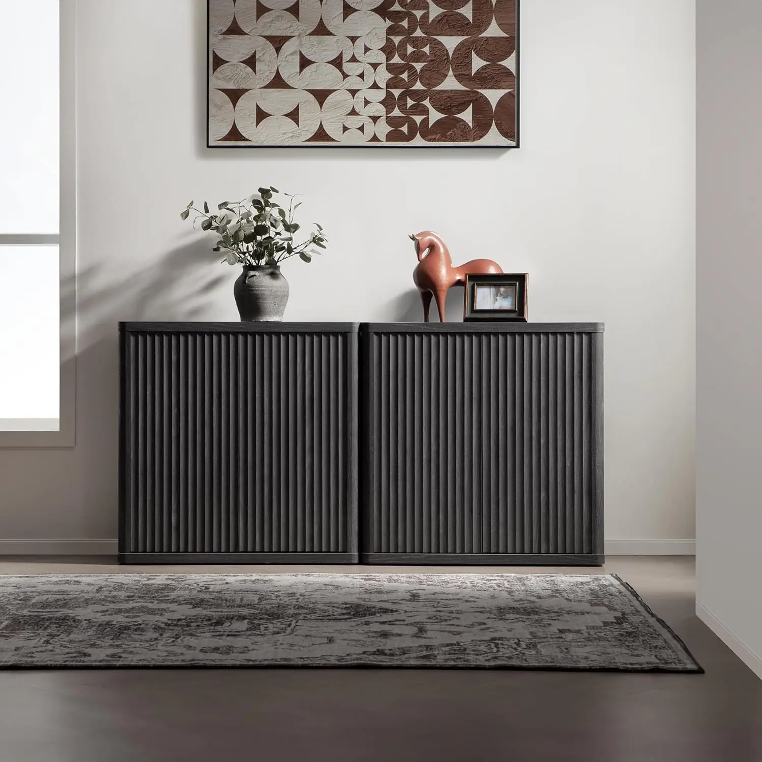 Cabinet with Storage Sideboard Accent Modern Credenza with Doors&Shelves Fluted Media Console Wood Mid Century Coffee Bar Table