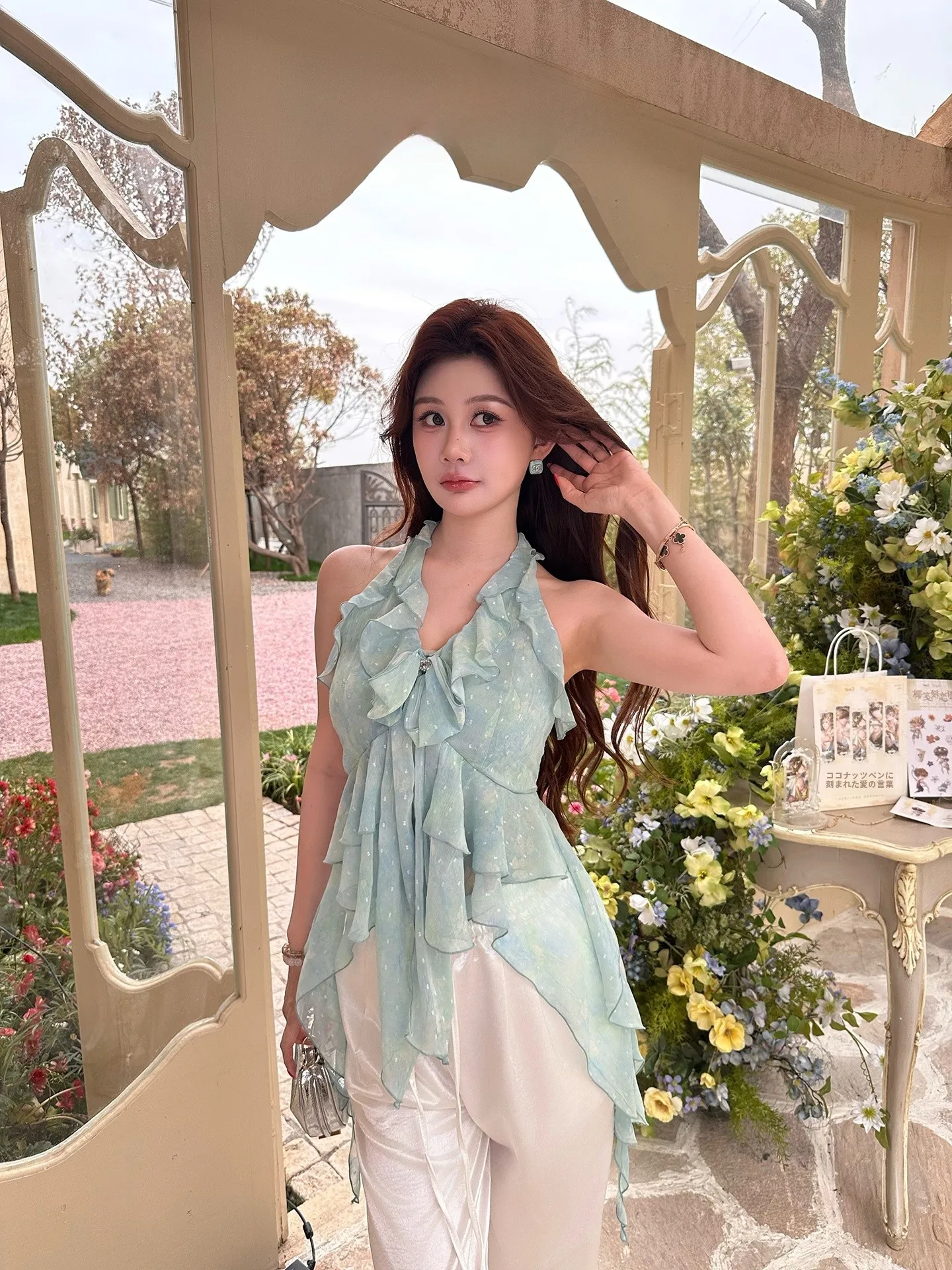 AZZHEN Mint Girl Shiny Thread Printed Neck Hanging Sash Short Sleeveless V-neck Women's Crop Top with Flounce Hem