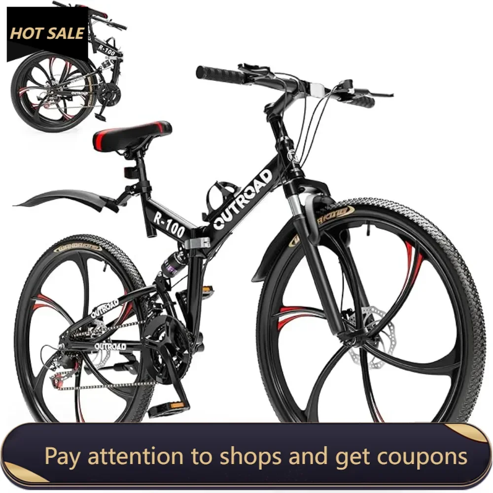 Outroad 26 Inch Folding Mountain Bike, 21 Speed Full Suspension High-Carbon Steel MTB Foldable Bicycle, Black, Orange and Green