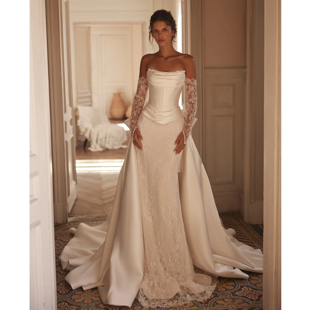 

Mermaid Wedding Dresses Detachable Train Strapless Corset Bridal Gown Lace Formal Party Dress robe de mariée Customized