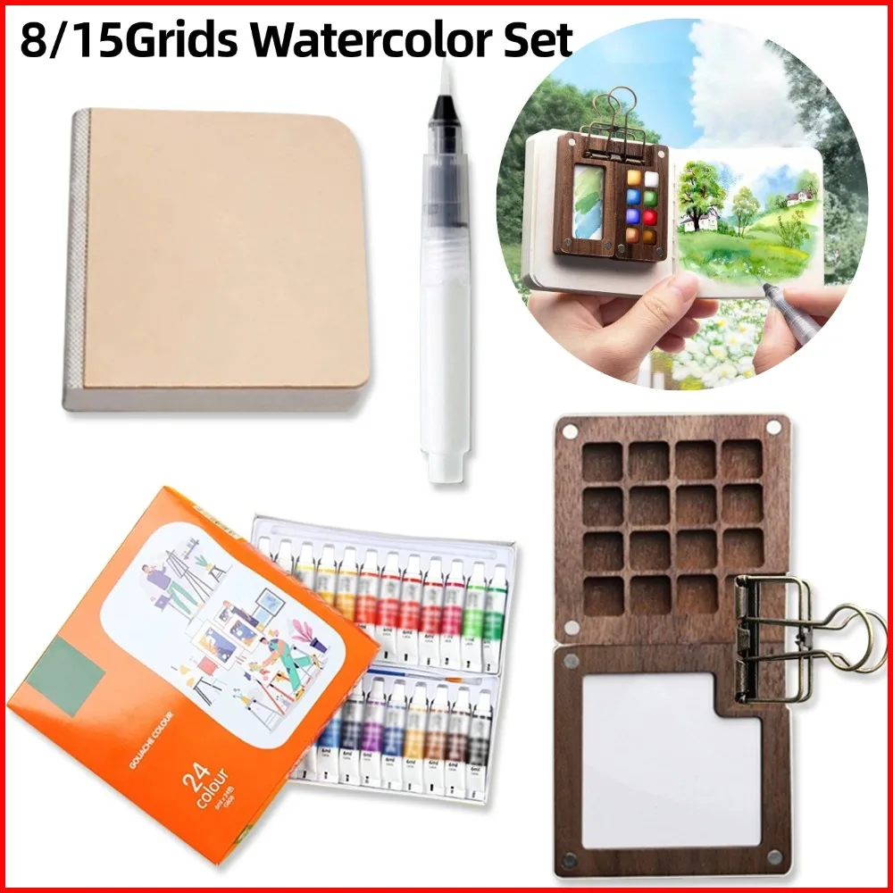 

Карманный набор акварелей для художника, дорожная палитра красок, деревянная сетка, коробка для красок, подарок, мини-портативный набор акварелей для художников, студентов