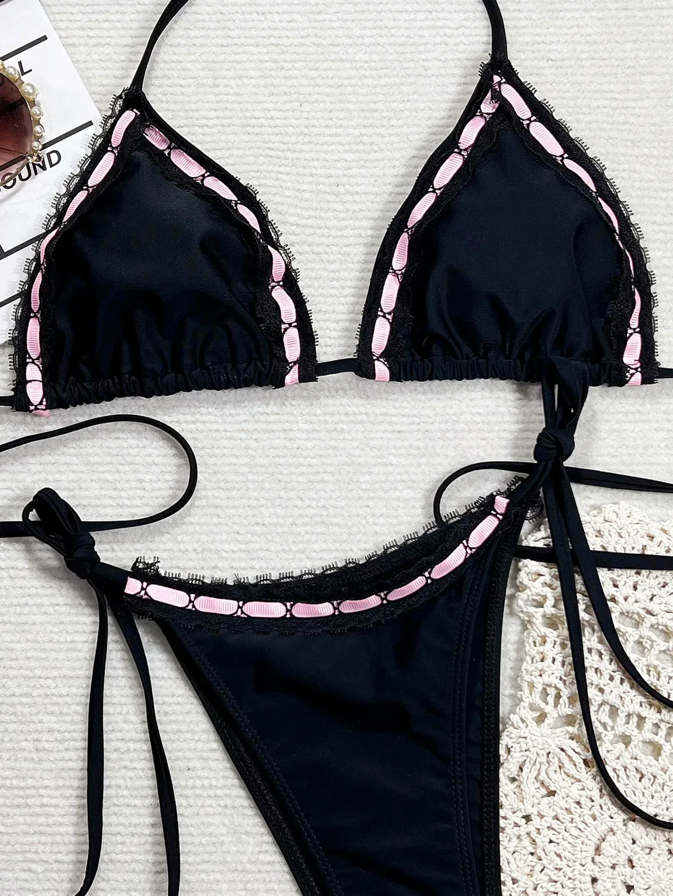 sexy zwart roze patchwork kant string bikini sets twee stukken stropdas halter badpak badpak badmode biquini bakini tankini