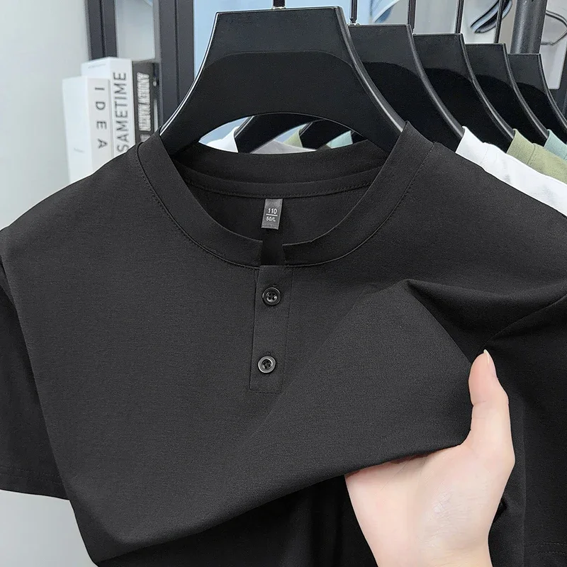 Soft touch plain henley tee male two button placket stretch breathable anti sweat driving walking basic everyday apparel