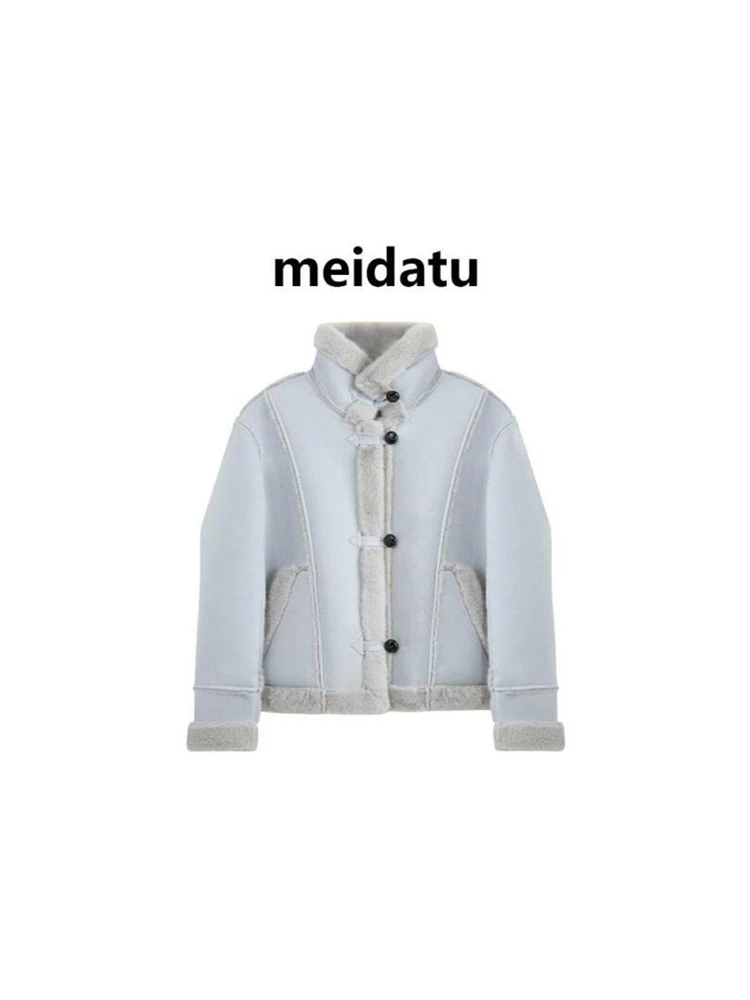 

Синяя женская куртка из искусственного меха, весеннее новое пальто высокого класса Faion, бархатный материал ягненка, свободный крой, чистый цвет, длинный све