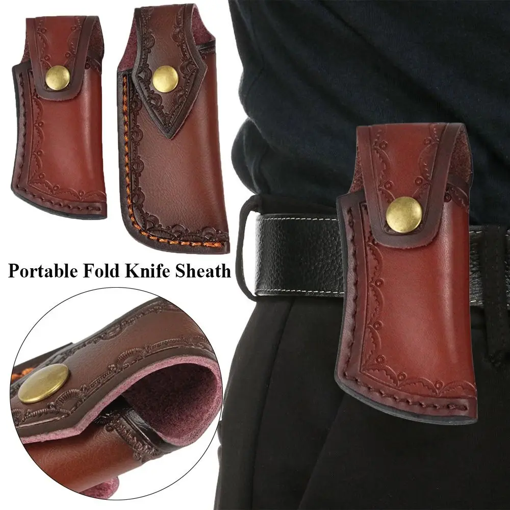 Portable Brown Fold Knife Scabbard Tool Flashlight Belt Loop Case Holder Leather Sheath Pocket Hunt Camp Outdoor Carry Equipment