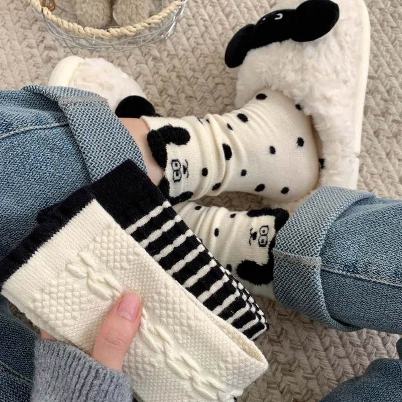 

3 Pairs Thick Warm Mid-Calf Socks for Women Cartoon Puppy Stripes Fall Winter Kawaii Women's Socks Set Cute Thermal Socks Woman