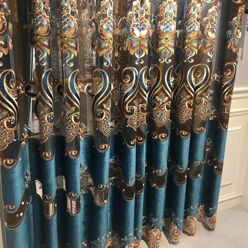 Hollowed Out Blue Gilded Embroidered Velvet Living Room Curtains for Bedroom French Window Villa Embroidered Window Screen