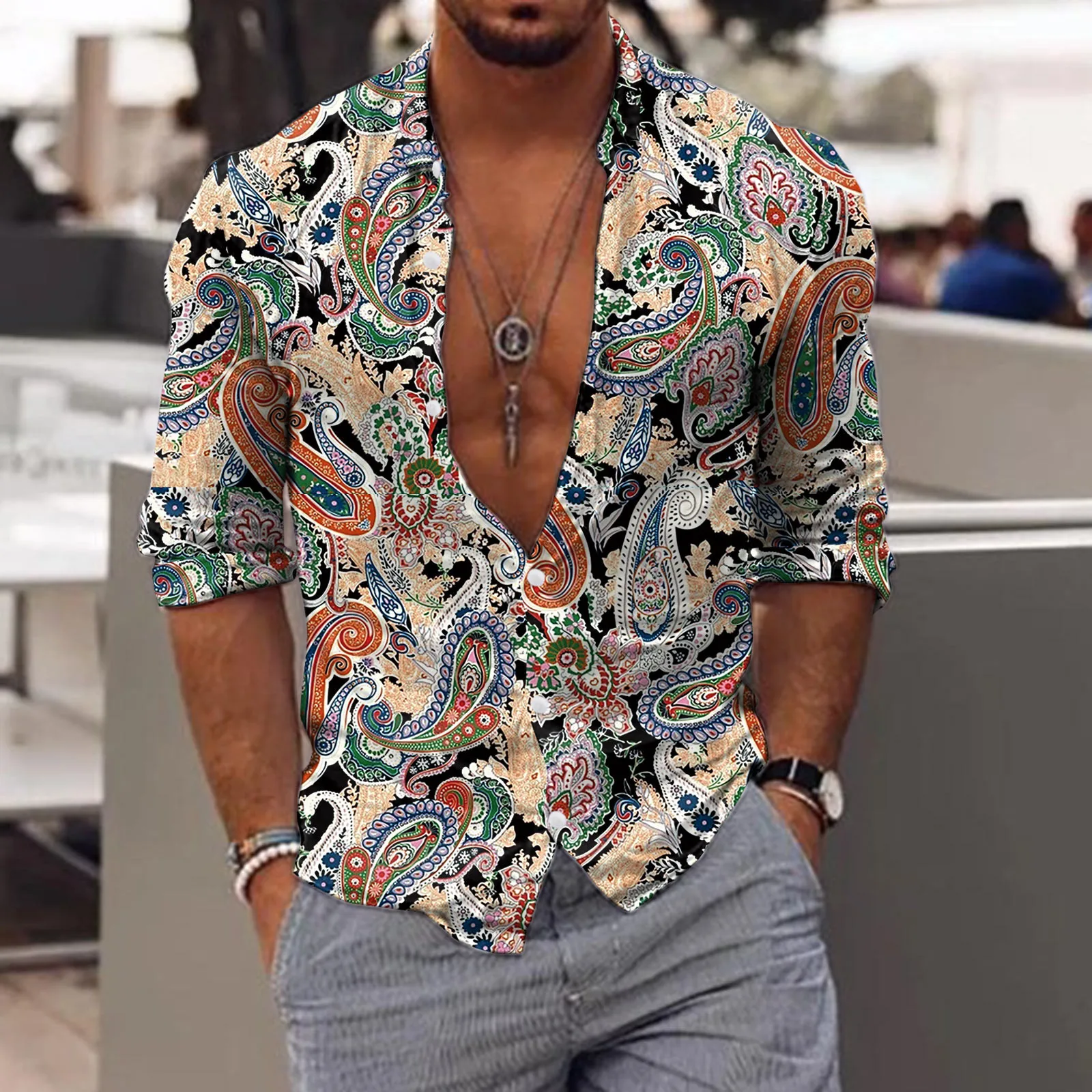 Ethnic Shirts Men Long Sleeve Autumn Winter Fashion Paisley Flower Printed Top Vintage 3d Digital Print Streetwear Shirts Camisa