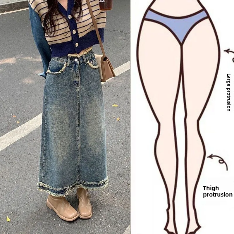 

Retro American Denim ter Skirt Women's Mid-Length Spring Autumn High Waist A-Line Bodycon Skirt with Frayed s
