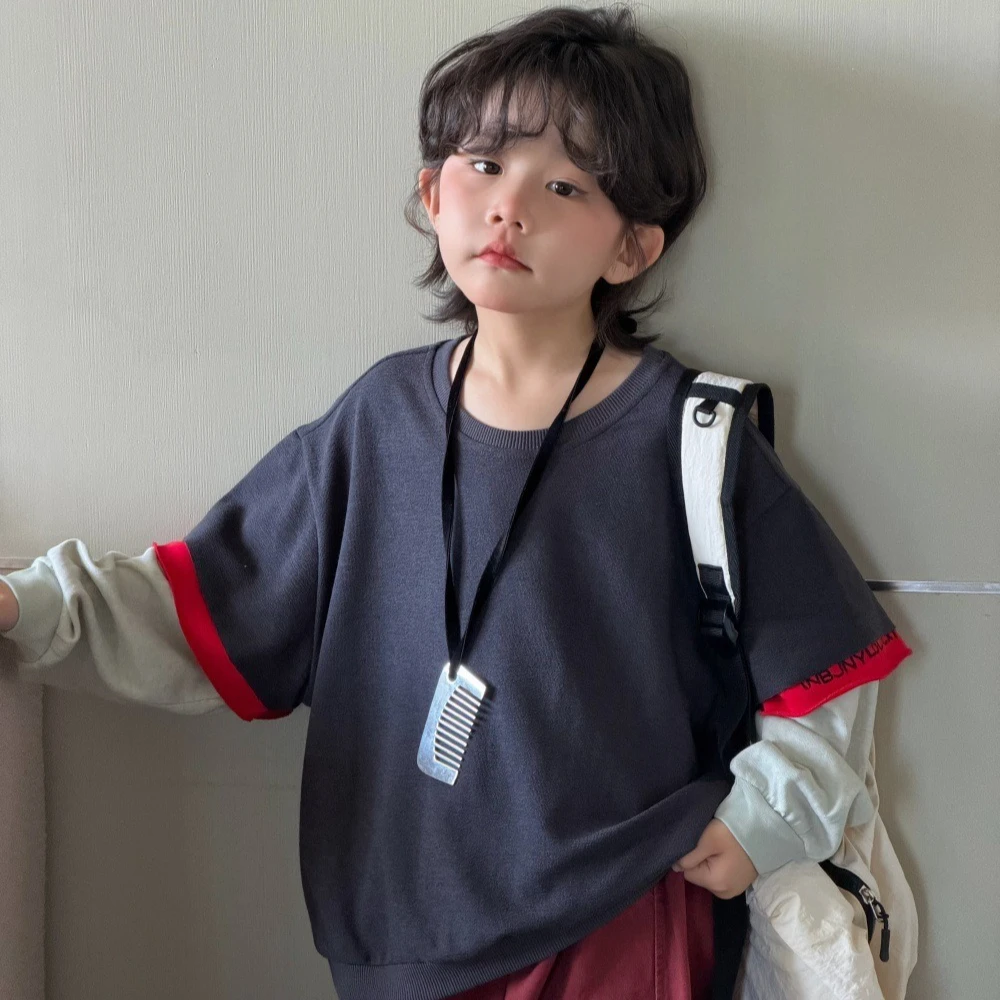 Boys' Suit 2026 Spring and Autumn New Children's Clothes Boys and Girls Fake Two Hoodies Big Pocket Overalls Two Sets