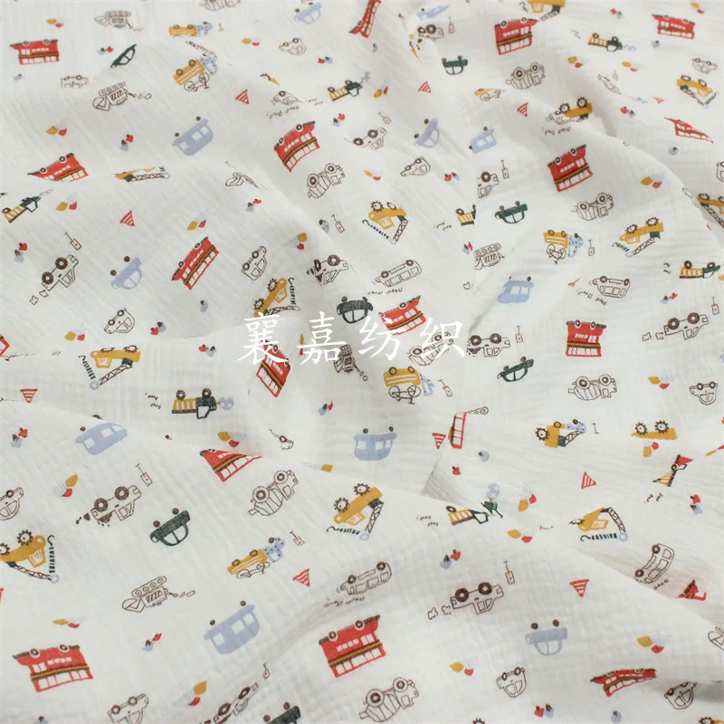 135 X 100cm Double Layer Crepe Baby Fabric Cotton Soft Cartoon Engineering Vehicle Print DIY Towel Clothes Children's Pajama