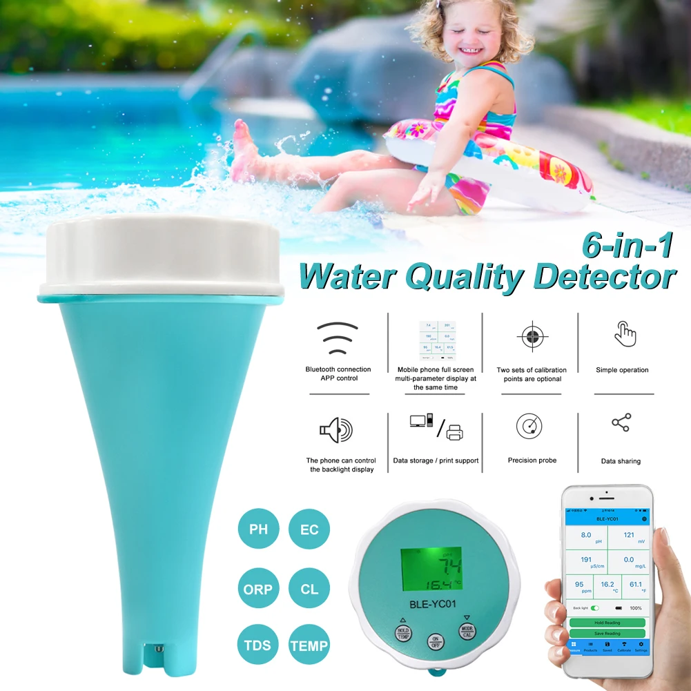 

6 in 1 pH Floating Smart Swimming Pool Water Analyzer Chlorine EC TDS ORP TEMP Tester for Spa Pool water with Bluetooth App