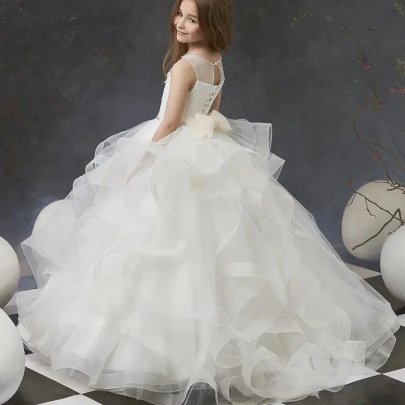 

White Layered Tulle Puffy Beading Sleeveless With Bow Flower Girl Dress For Wedding Kids Birthday Party First Communion Gowns