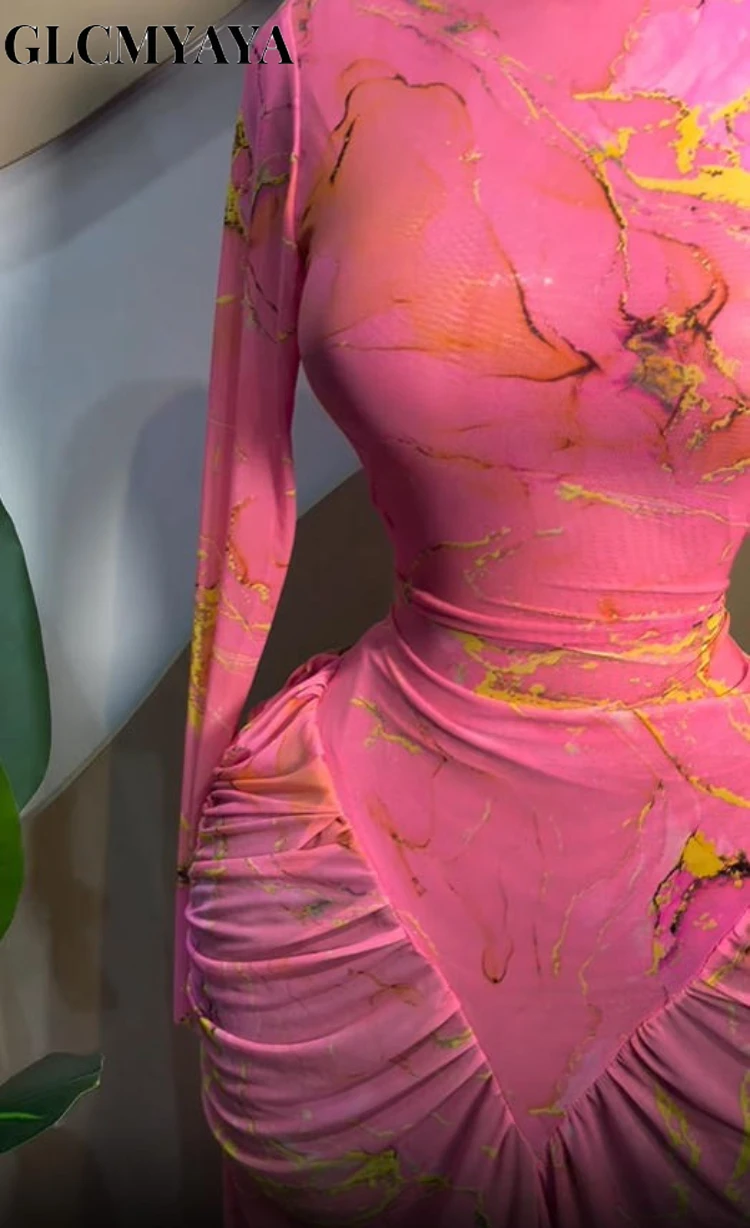 CM.YAYA المرأة التعادل صبغ مطبوعة مكدسة Ruched كم طويل ميدي Bodycon ماكسي فستان طويل حفلة عيد ميلاد التعليم فساتين عصرية #2