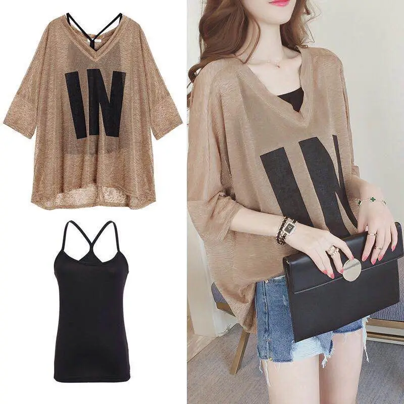 Large T-shirt Women's New Summer Fat Sister Korean Version Loose V-neck Top with Two Piece Casual Short Sleeve