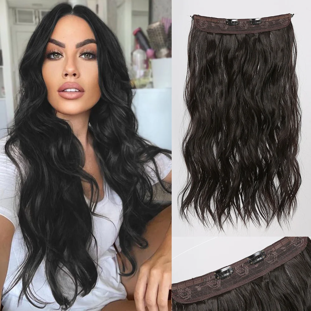 

Black Synthetic Invisible Wire Hair Extensions for Women 2 Clip Long Wavy Fish Line Hairpieces Heat Resistant Fake Hair Piece