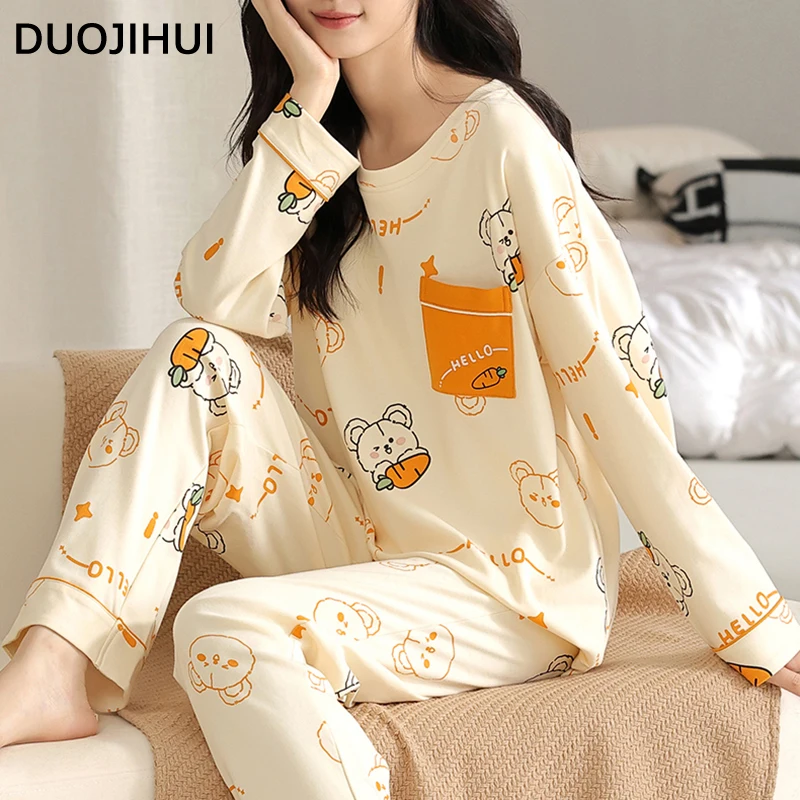 DUOJIHUI-Pijama informal de bolsillo para mujer, conjunto de dos piezas con almohadilla en el pecho, Jersey, pantalón suelto, estampado Simple