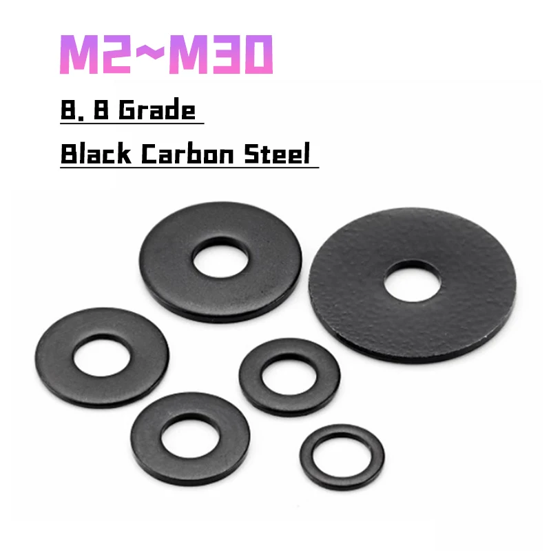 M2 M2.5 M3 M4 M5 M6 M8 M12~m30 Grade 8.8 Black Carbon Steel Metal Flat Washers Penny/repair/mudguard Washers For Bolts&screws