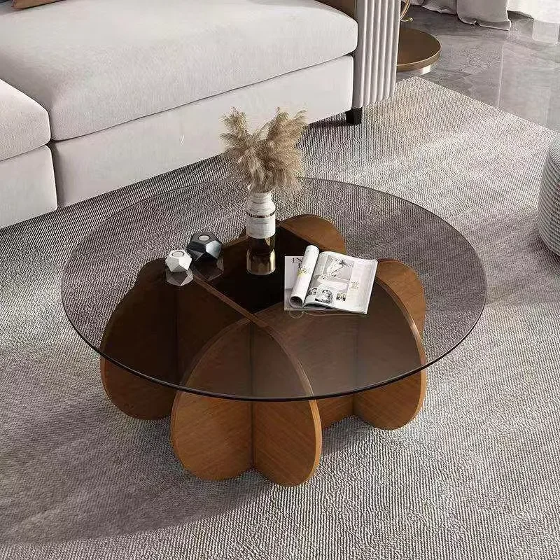 Modern Nordic Round Coffee Table Set Black Glass Top Wooden Base Luxury Living Room Furniture Multi-functional Center Table