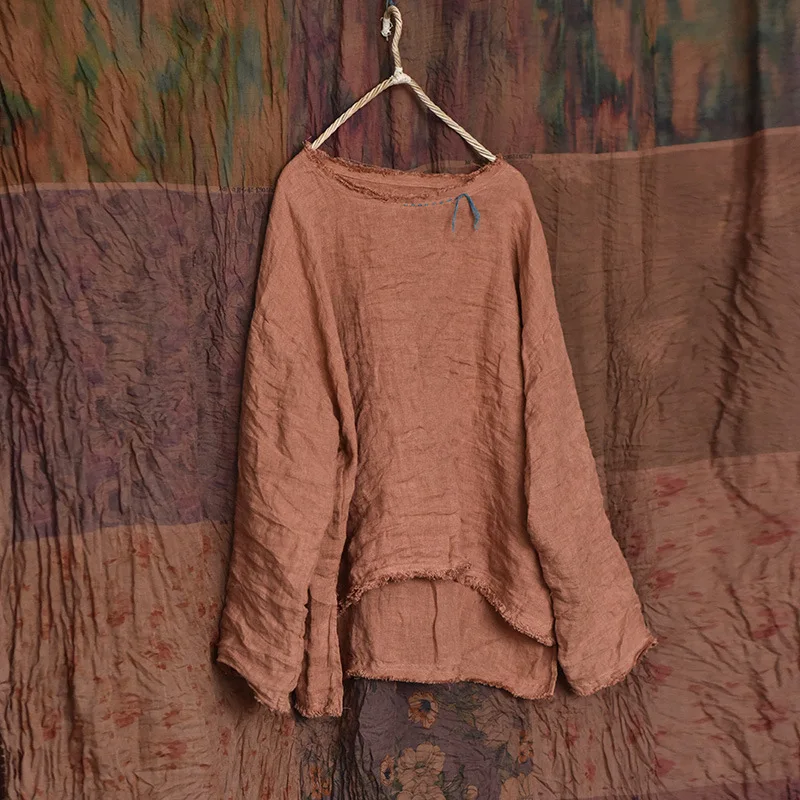 

Hand Stitched round Neck Long Sleeve Loose Fit Casual Shirt Color Block Design Linen Material Vintage Style Base Layer Top