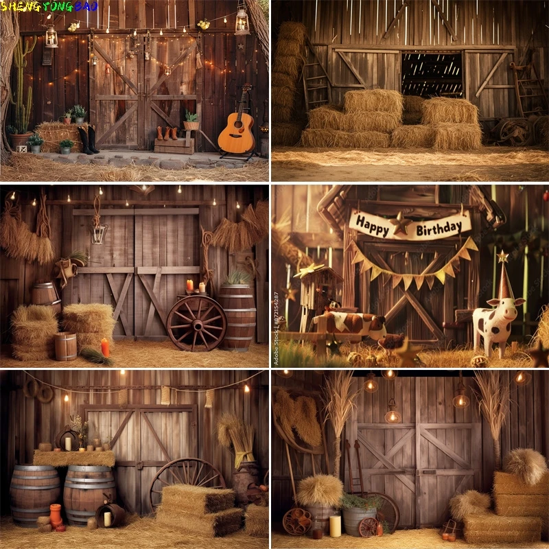

Western Cowboy Charm of the Countryside Rustic Barn Door Photography Backdrops Hay Bales Wheel Candles Farm Background CO-02