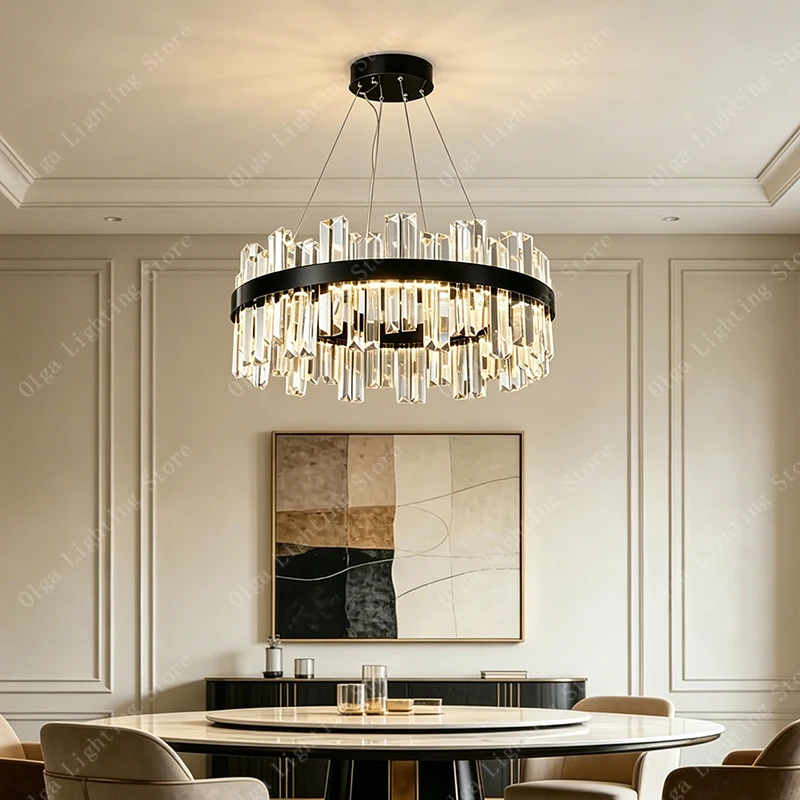 2026 Luxury Gold K9 Crystal LED Chandelier Modern Round Pendant Light Adjustable Cable Hanging Lamp Living Dining Room Home