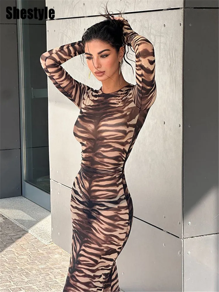 Shestyle Tiger Printed Mesh Women Penil Long Dress Women Bodycon Sheer Crew Neck Striped Yellow Sexy See-Through Clubwear Hot