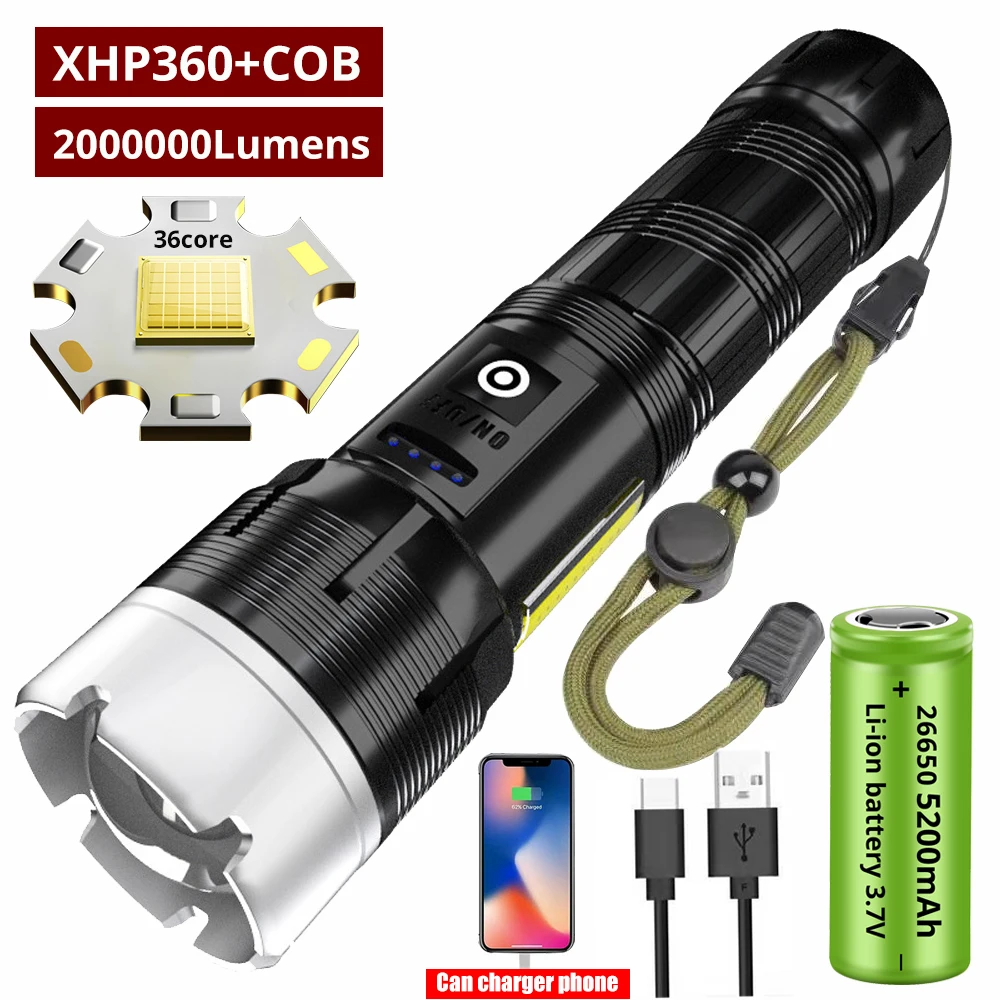 Super New XHP360 Most Powerful LED Flashlight Rechargeable LED Torch Light XHP120+COB High Power Flashlights 5200mAh Lantern