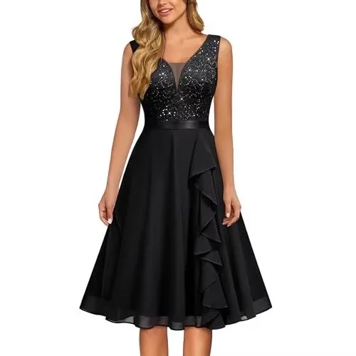Damen Pailletten-Cocktailkleid mit V-Ausschnitt, Ärmellos, Rüschen-Chiffon, Midi-Abendkleid, Elegantes Hochzeitspartykleid, Vestido De Fiesta – Detail 8