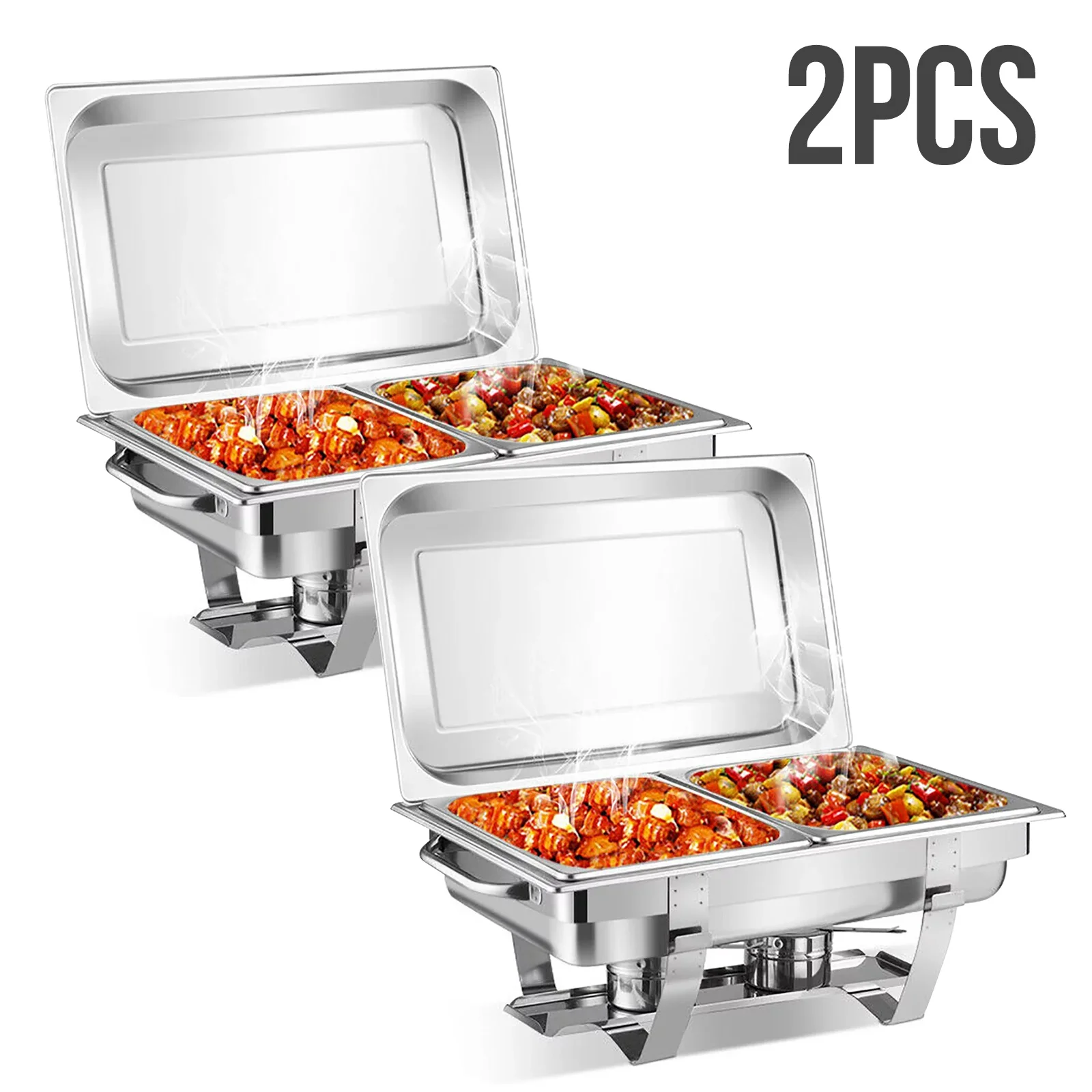 Chafing Dish Buffet Chafer Set 2 Packs 8Qt Foldable Rectangular Stainless Steel with 2 Half Size Food Pans Catering Warmer Serve