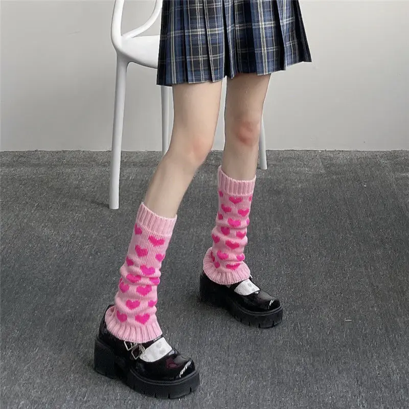 Heart Graphic Y2k Harajuku Gyaru Middle Socks Goth Punk Knitted Leg Warmer Thickened Cuteore Pink Knee-high Leggings Stockings