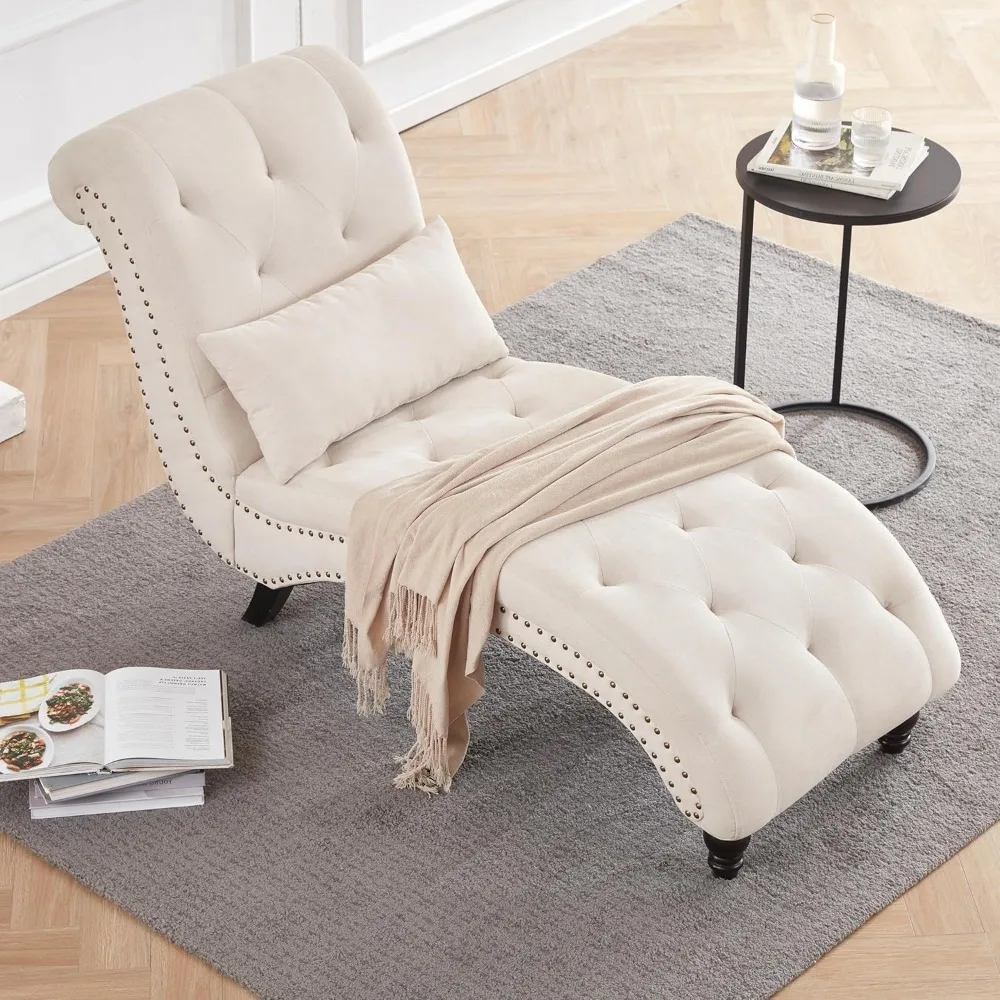 Tufted Soft Chaise Lounge Indoor, Linen Rivets Chaise Lounge Chair for Bedroom Living Room