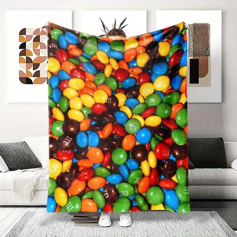 Manta de franela con tema de caramelo MMS, tela duradera estampada "Melts in Your Mouth" para dormitorio, sala de estar, fondo de fiesta al aire libre