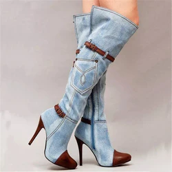 New denim boots with high heels, fashionable knee length women's boots, autumn and winter denim high heels, sexy buttons