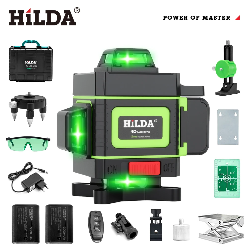 HILDA Laser Level 16 Lines 4D Self-Leveling 360 Horizontal And Vertical Cross Super Powerful Green Laser Beam Line