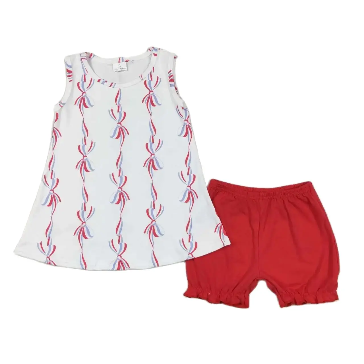 

GSSO1199 Kids Girls Summer Outfit Sets Sleeves Top National Day Bow Pattern White Print With Shorts Children Clothes